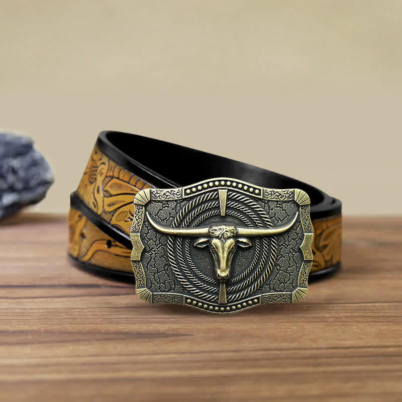 Men's DIY Western Bull Head Buckle Leather Belt - Image 17