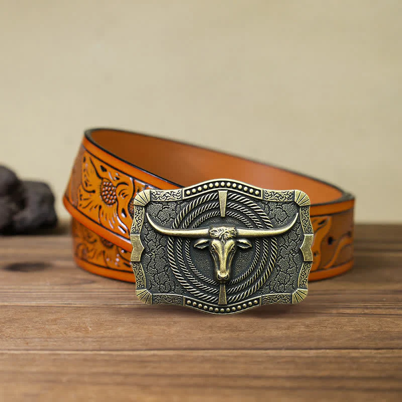 Men's DIY Western Bull Head Buckle Leather Belt - Image 18