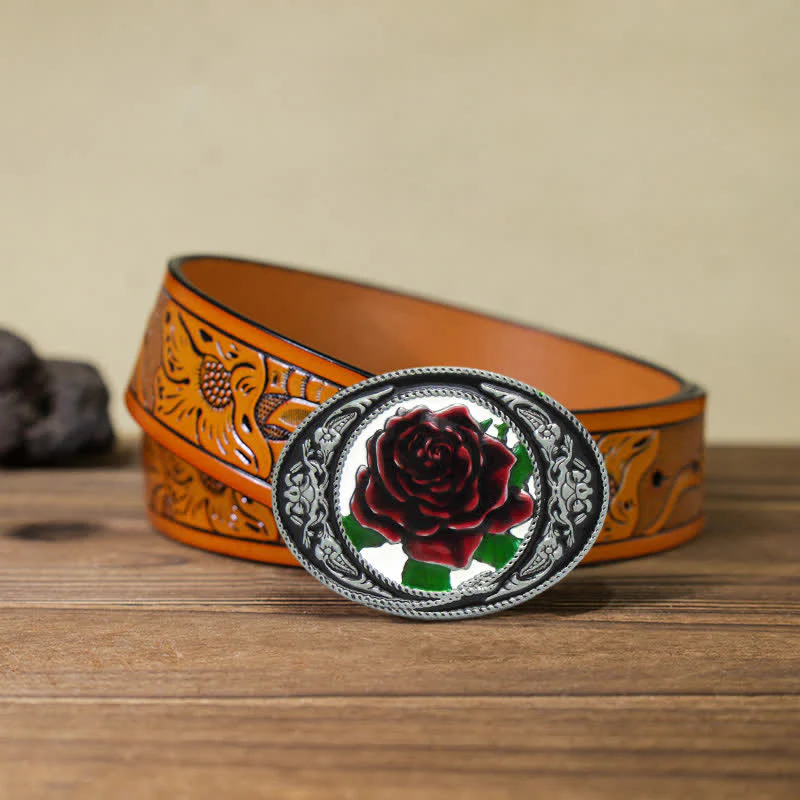 Men's DIY Western Colorful Rose Buckle Leather Belt - Image 12