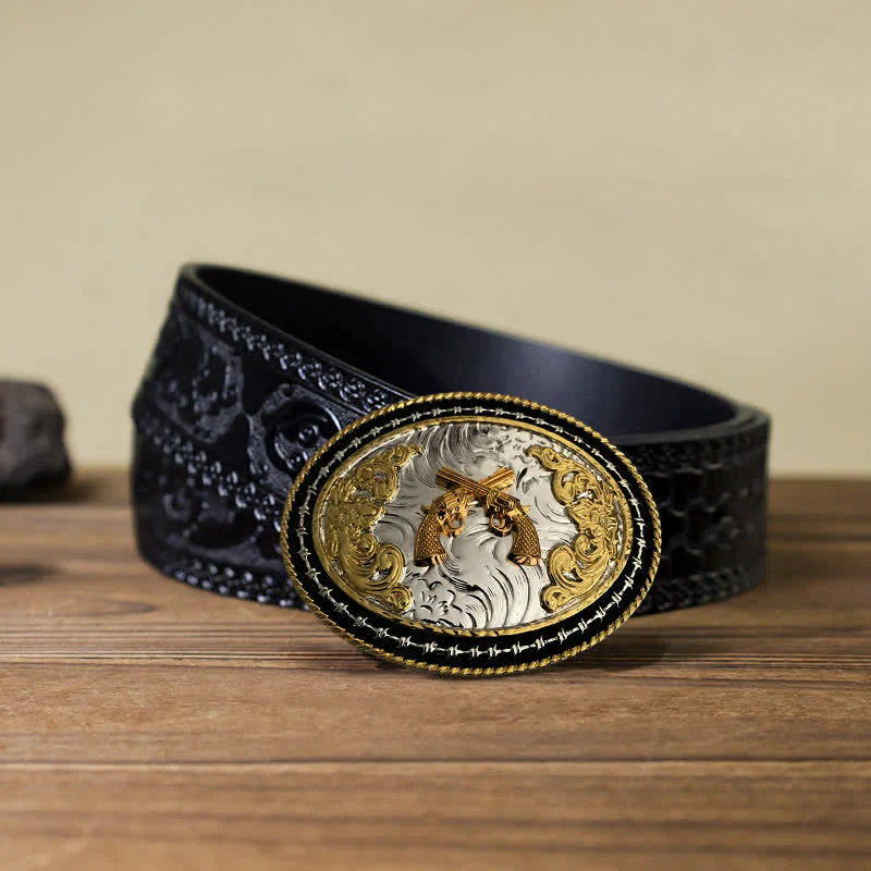 Men's DIY Western Cowboy Golden Oval Buckle Leather Belt - Image 14