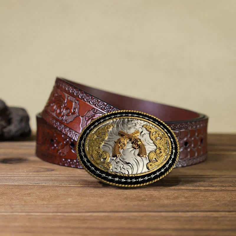 Men's DIY Western Cowboy Golden Oval Buckle Leather Belt - Image 15