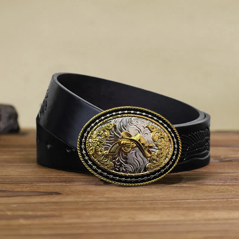 Men's DIY Western Cowboy Golden Oval Buckle Leather Belt - Image 20