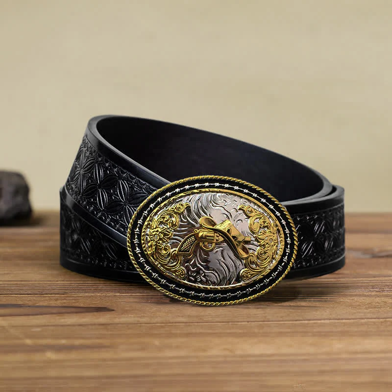 Men's DIY Western Cowboy Golden Oval Buckle Leather Belt - Image 21