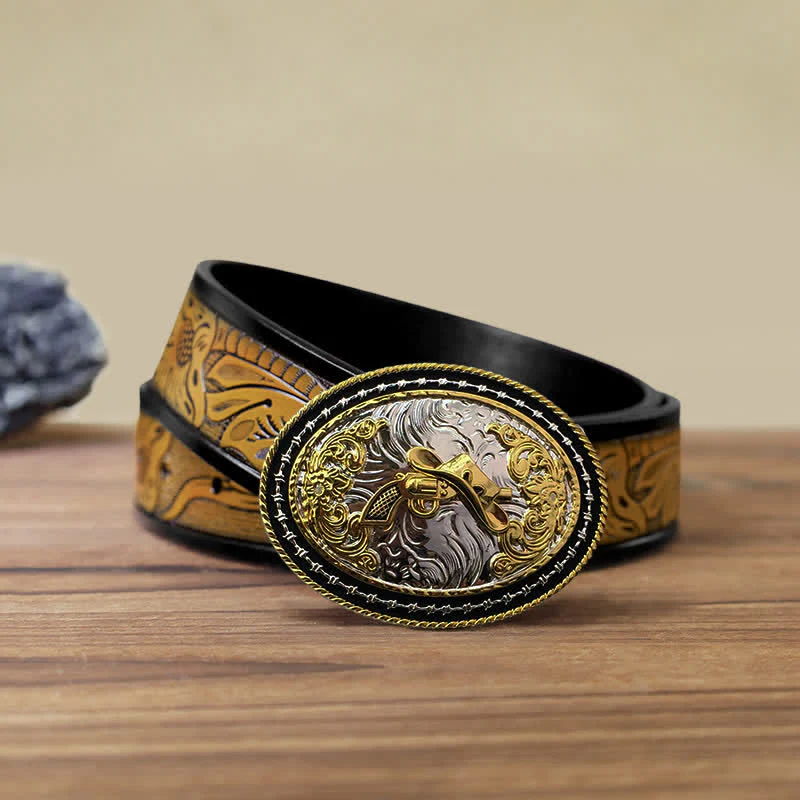 Men's DIY Western Cowboy Golden Oval Buckle Leather Belt - Image 24