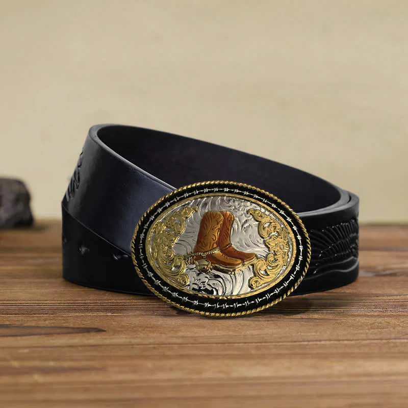 Men's DIY Western Cowboy Golden Oval Buckle Leather Belt - Image 4