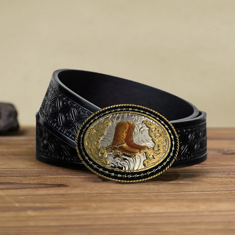 Men's DIY Western Cowboy Golden Oval Buckle Leather Belt - Image 5