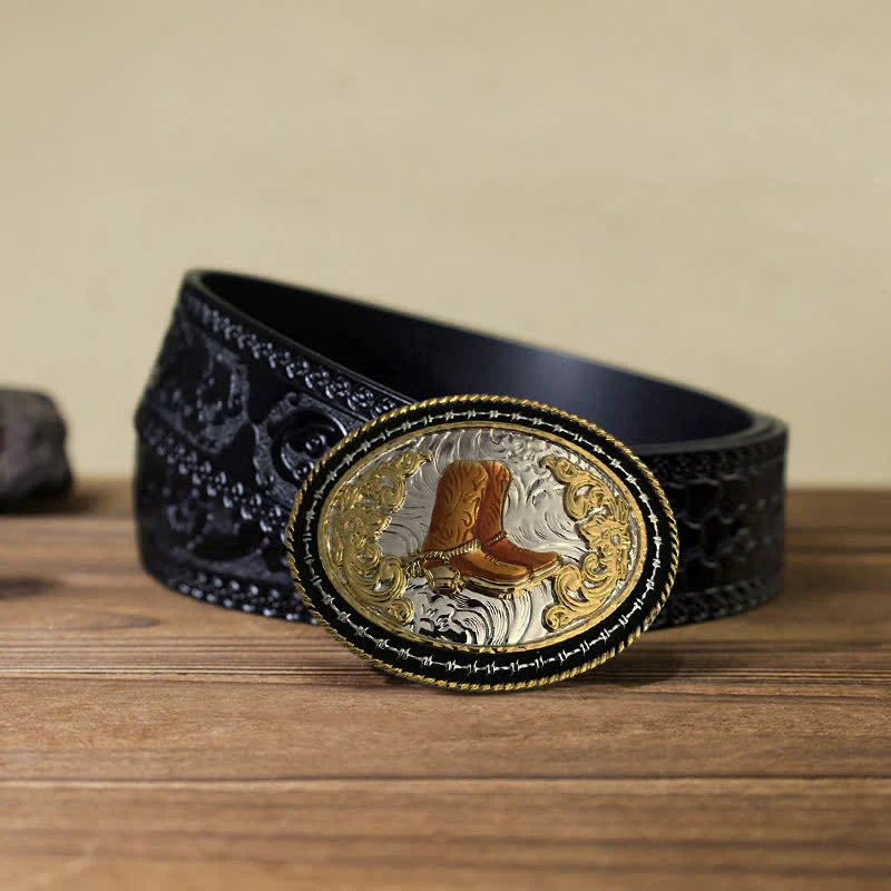 Men's DIY Western Cowboy Golden Oval Buckle Leather Belt - Image 6
