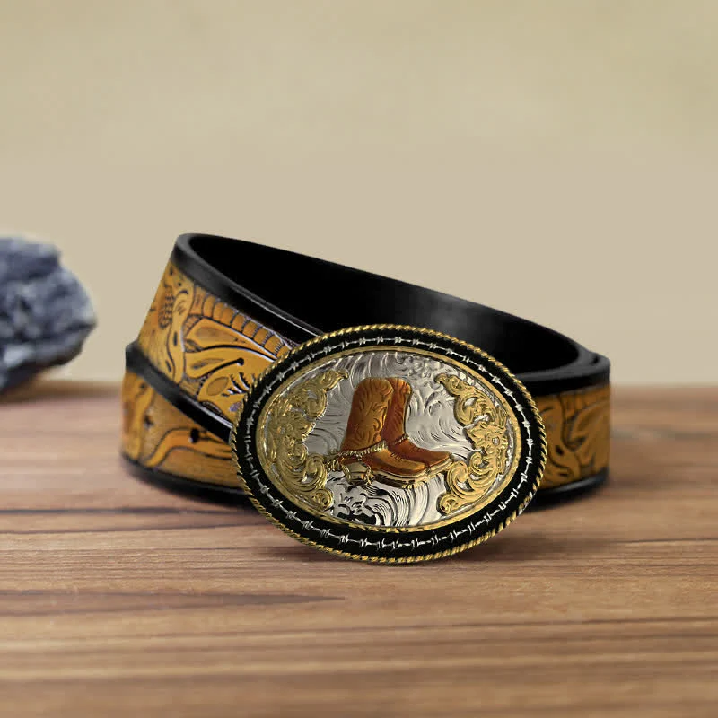Men's DIY Western Cowboy Golden Oval Buckle Leather Belt - Image 8