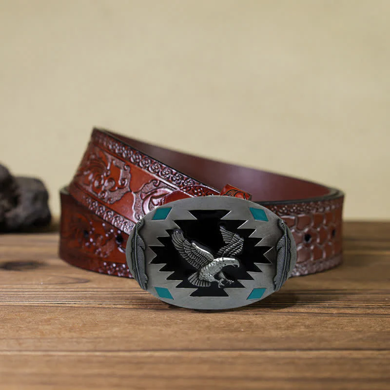 Men's DIY Western Flying Eagle Buckle Leather Belt - Image 12