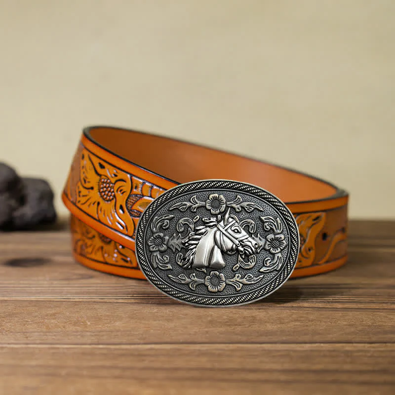 Men's DIY Western Horse Floral Buckle Leather Belt - Image 10