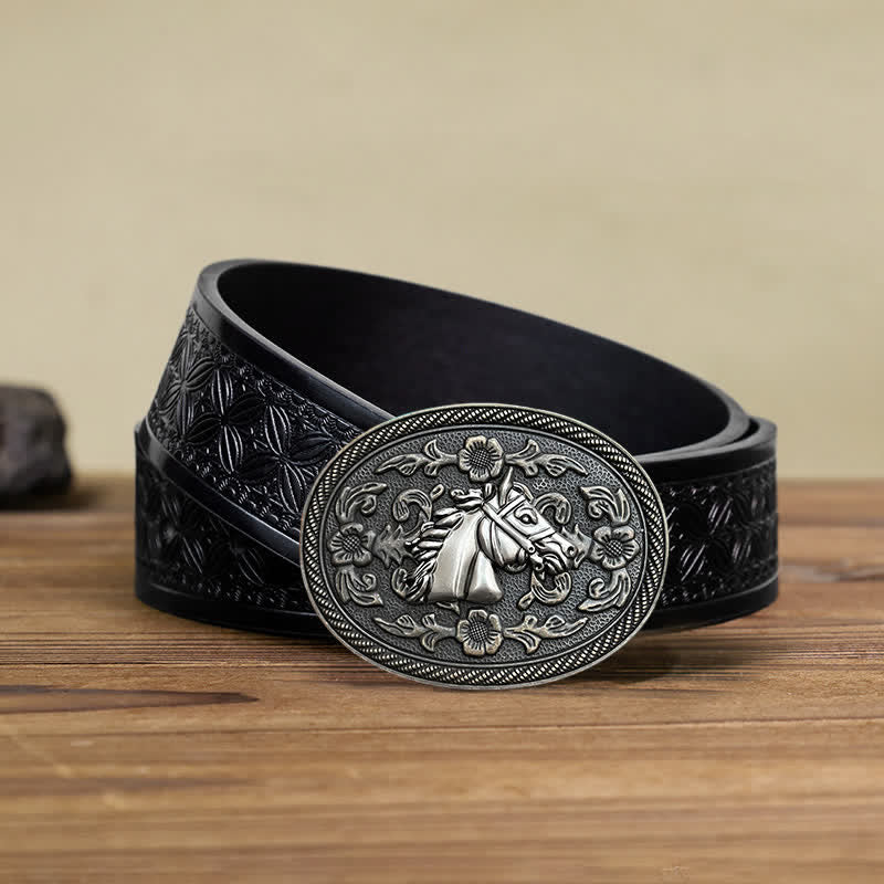 Men's DIY Western Horse Floral Buckle Leather Belt - Image 6