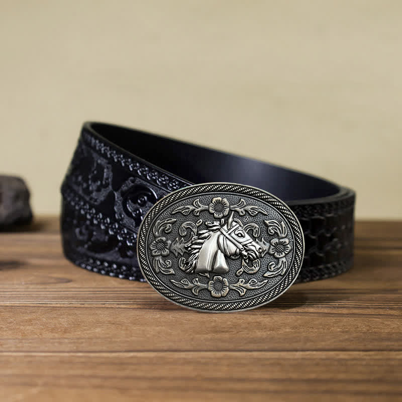 Men's DIY Western Horse Floral Buckle Leather Belt - Image 7