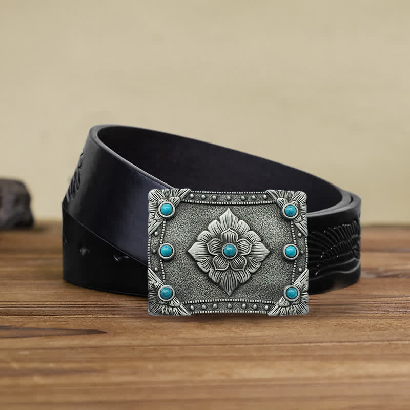 Men's DIY Western Turquoise Rectangular Buckle Leather Belt - Image 4