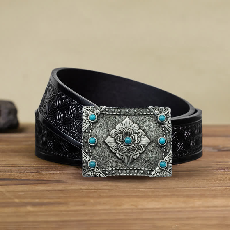 Men's DIY Western Turquoise Rectangular Buckle Leather Belt - Image 5