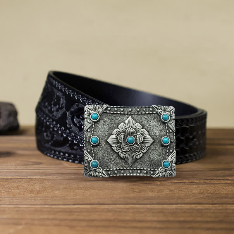Men's DIY Western Turquoise Rectangular Buckle Leather Belt - Image 6