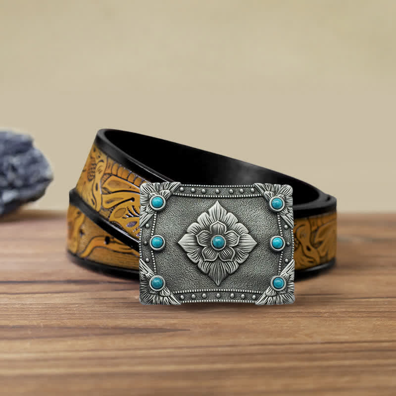Men's DIY Western Turquoise Rectangular Buckle Leather Belt - Image 8