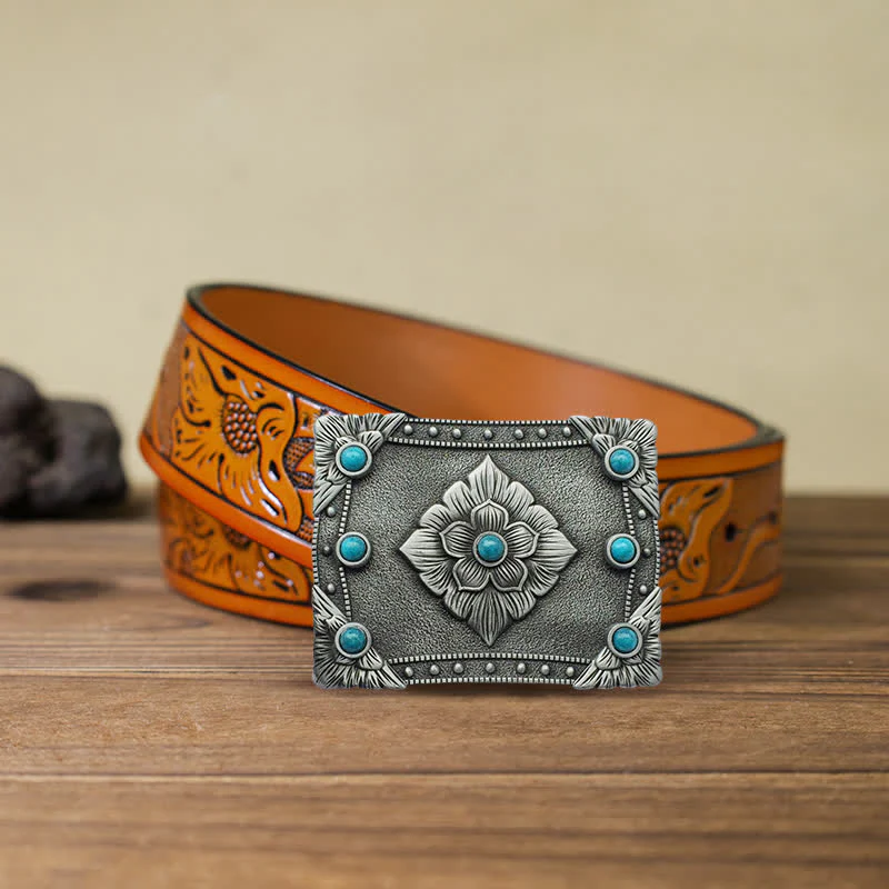 Men's DIY Western Turquoise Rectangular Buckle Leather Belt - Image 9