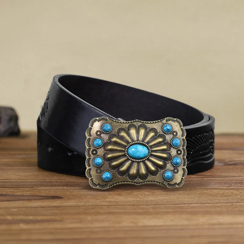 Men's DIY Western Turquoise Stone Rectangle Buckle Leather Belt - Image 5