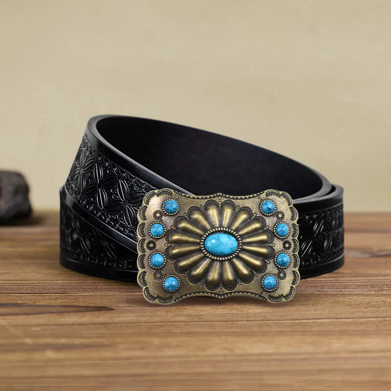 Men's DIY Western Turquoise Stone Rectangle Buckle Leather Belt - Image 6