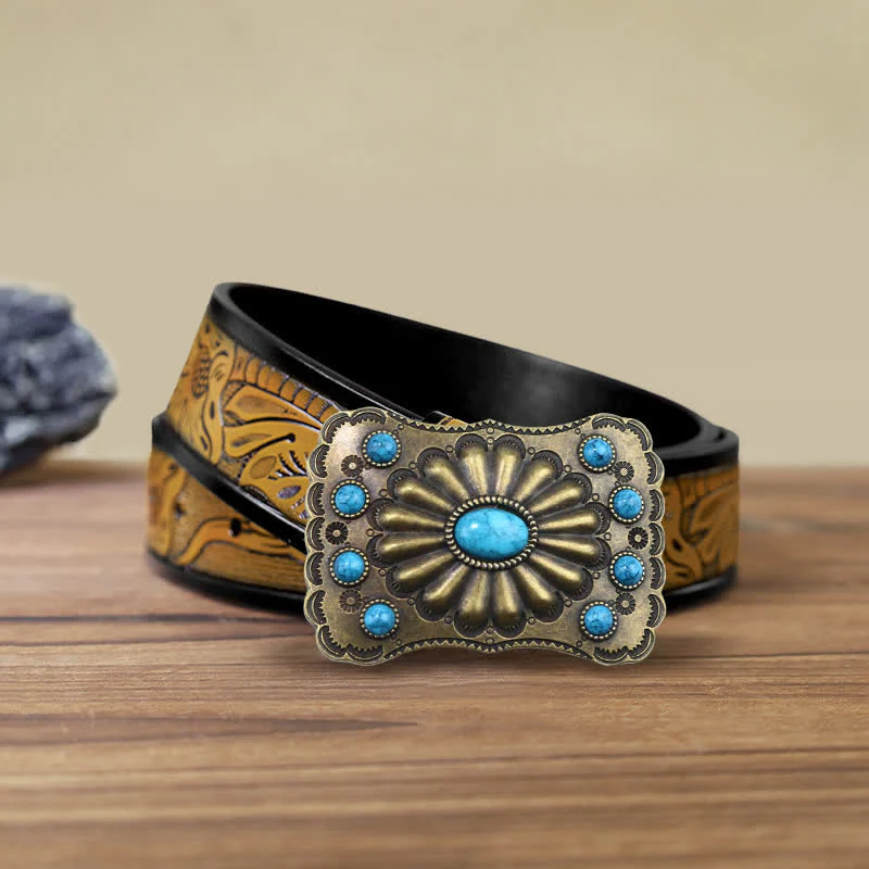 Men's DIY Western Turquoise Stone Rectangle Buckle Leather Belt - Image 9