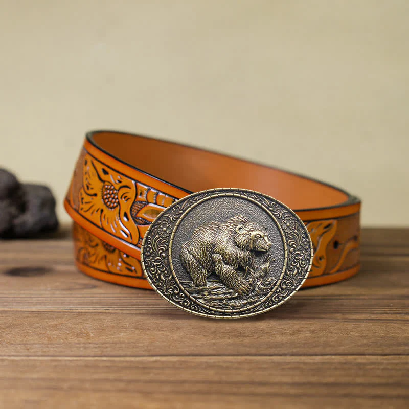 Men's DIY Wild Animal Bear Bull Buckle Leather Belt - Image 11