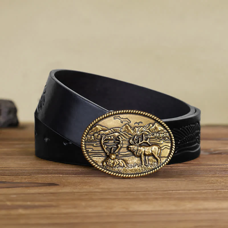 Men's DIY Wildlife Deers Western Style Buckle Leather Belt - Image 10