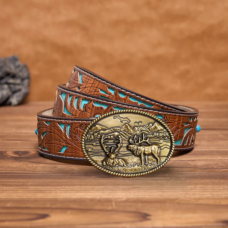 Men's DIY Wildlife Deers Western Style Buckle Leather Belt - Image 11
