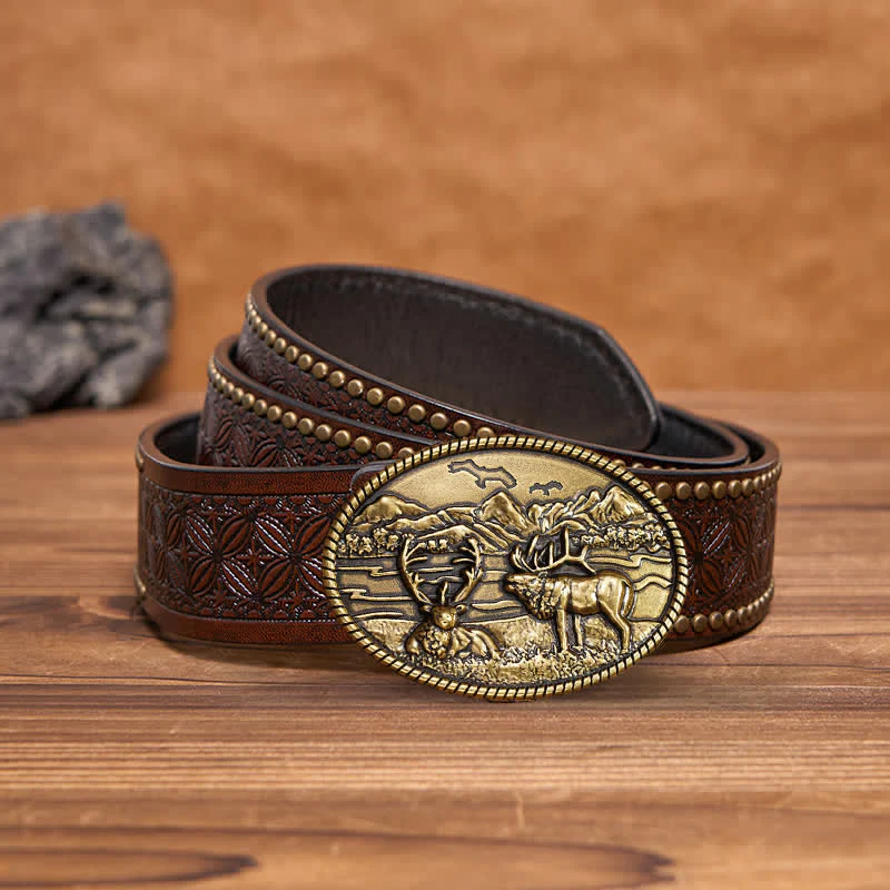 Men's DIY Wildlife Deers Western Style Buckle Leather Belt - Image 12