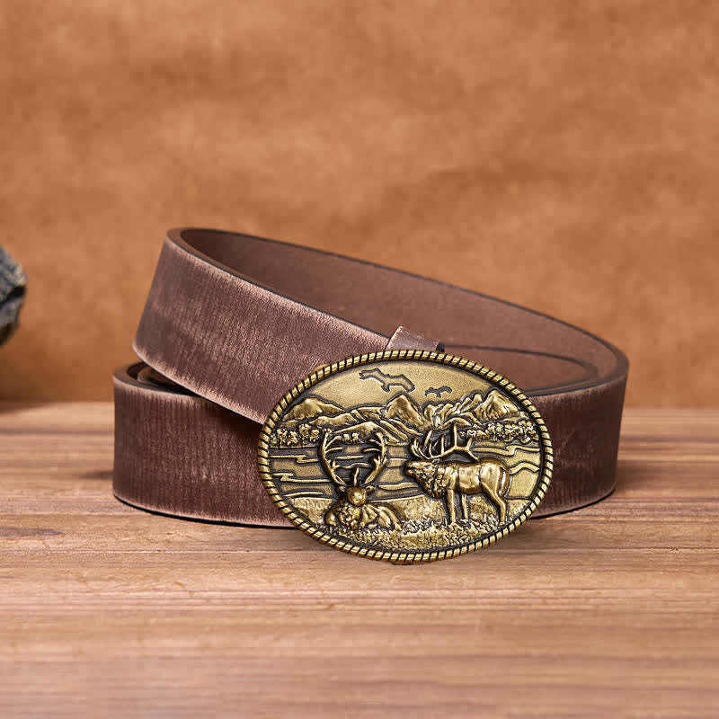 Men's DIY Wildlife Deers Western Style Buckle Leather Belt - Image 13