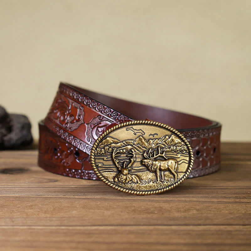 Men's DIY Wildlife Deers Western Style Buckle Leather Belt - Image 14