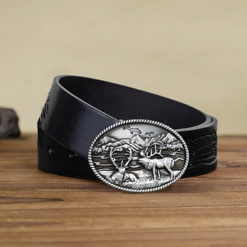 Men's DIY Wildlife Deers Western Style Buckle Leather Belt - Image 3