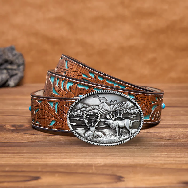 Men's DIY Wildlife Deers Western Style Buckle Leather Belt - Image 4
