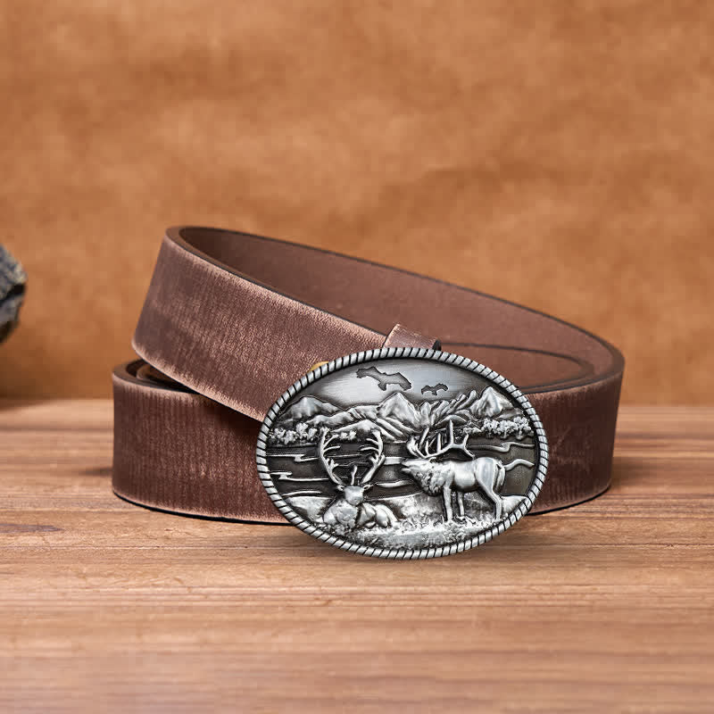Men's DIY Wildlife Deers Western Style Buckle Leather Belt - Image 6