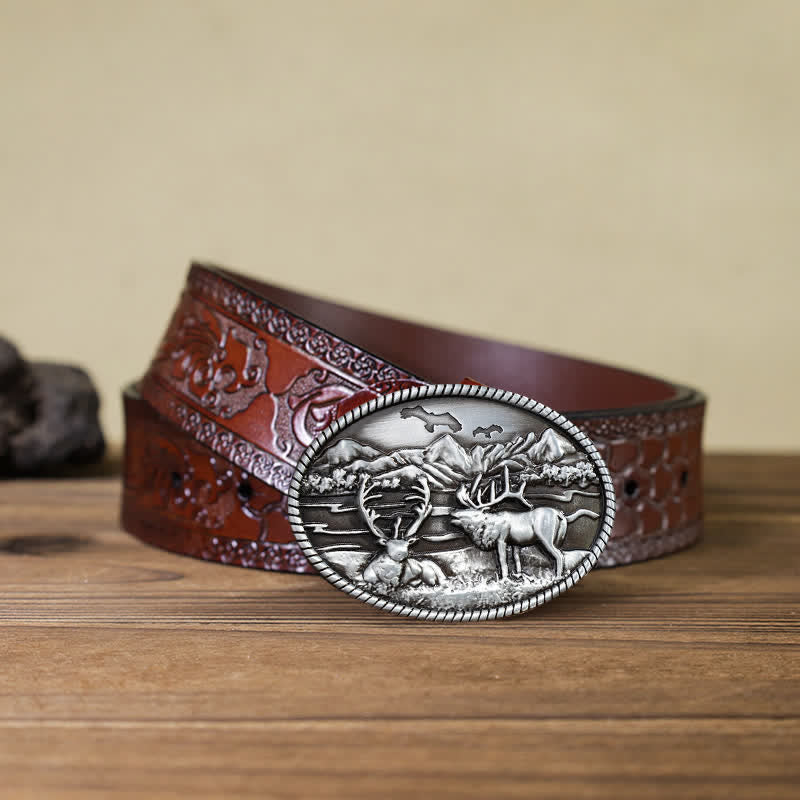 Men's DIY Wildlife Deers Western Style Buckle Leather Belt - Image 7