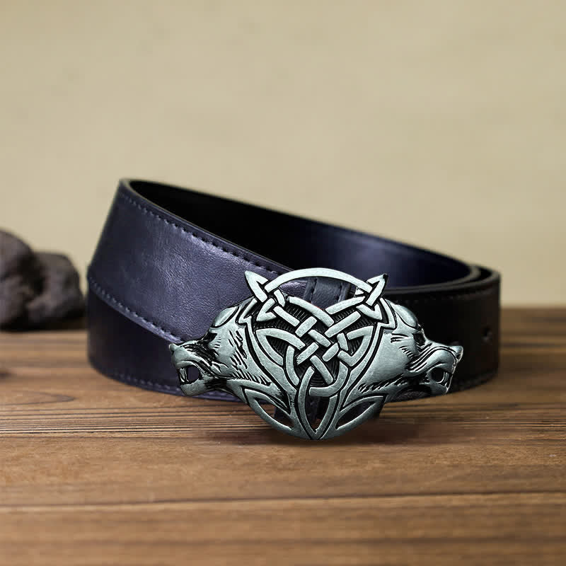 Men's DIY Wolf Head Celtic Knot Buckle Leather Belt - Image 4