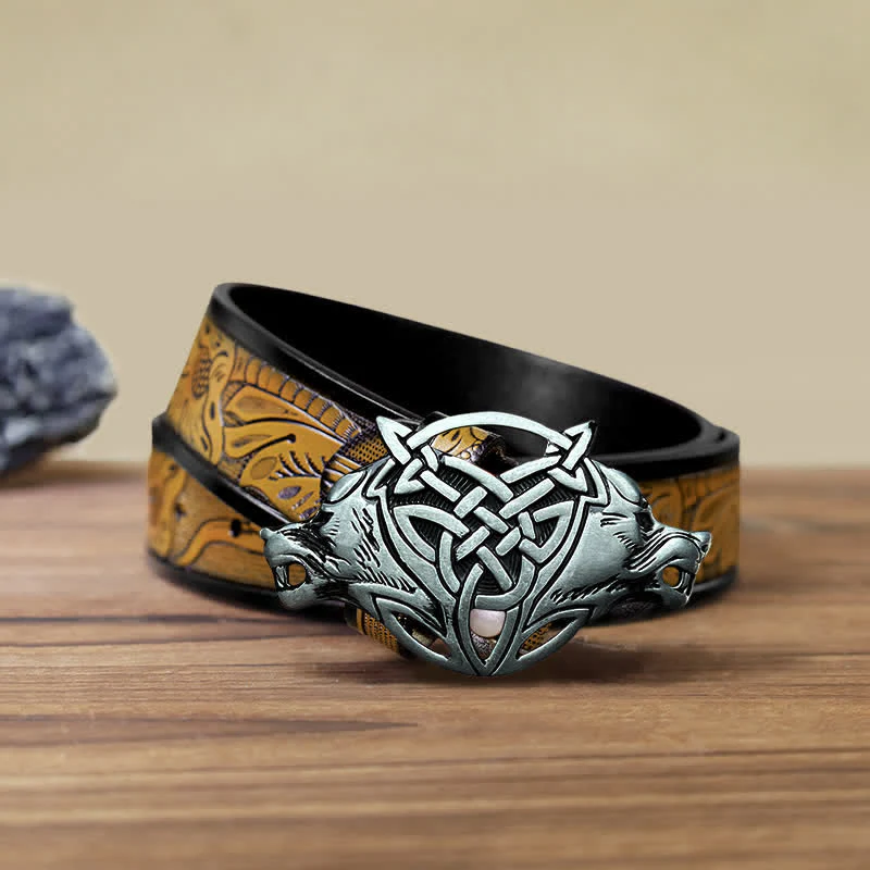 Men's DIY Wolf Head Celtic Knot Buckle Leather Belt - Image 9