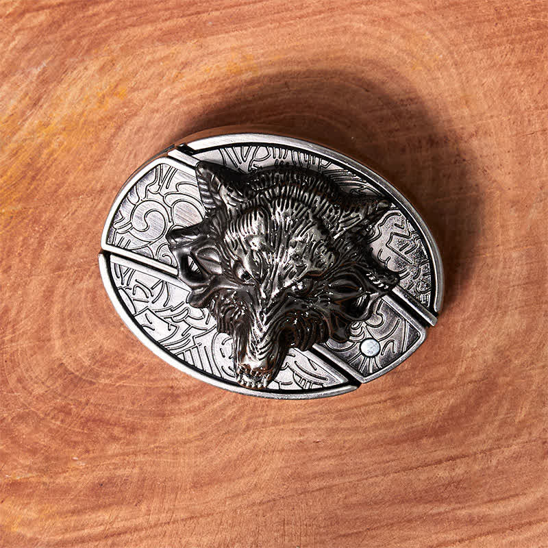 Men's DIY Wolf Head Hidden Folding Knife Leather Belt - Image 3