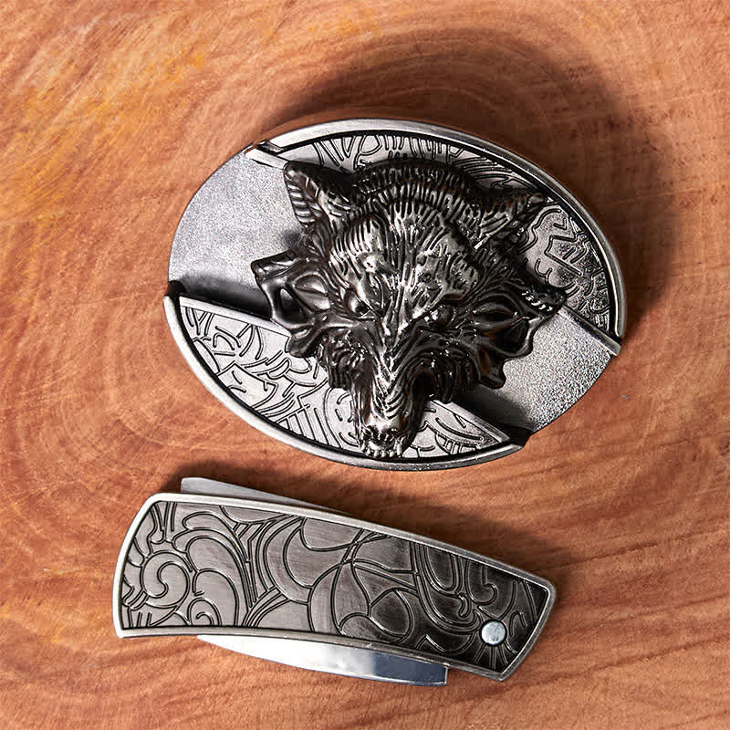 Men's DIY Wolf Head Hidden Folding Knife Leather Belt - Image 4