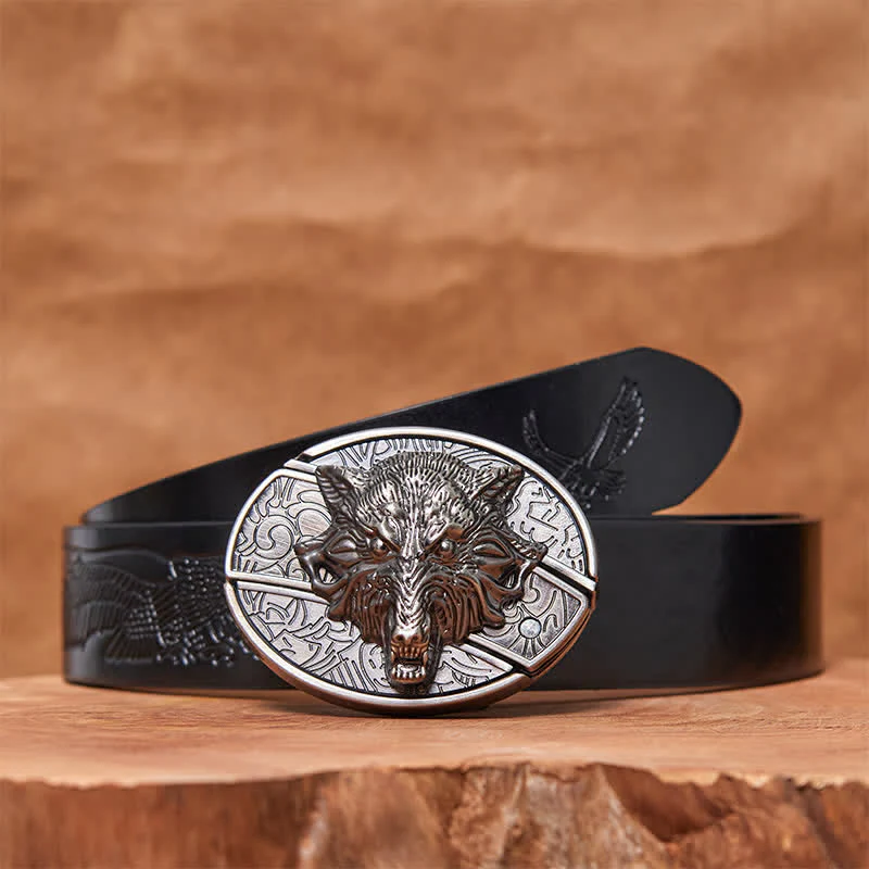 Men's DIY Wolf Head Hidden Folding Knife Leather Belt - Image 7