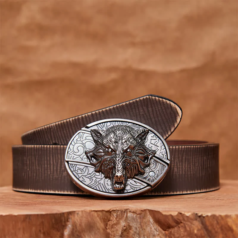 Men's DIY Wolf Head Hidden Folding Knife Leather Belt - Image 9