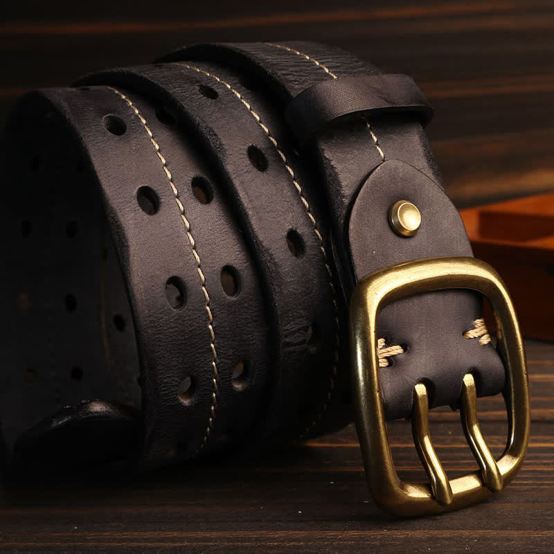 Men's Double Holes Brass Buckle Leather Belt - Image 10