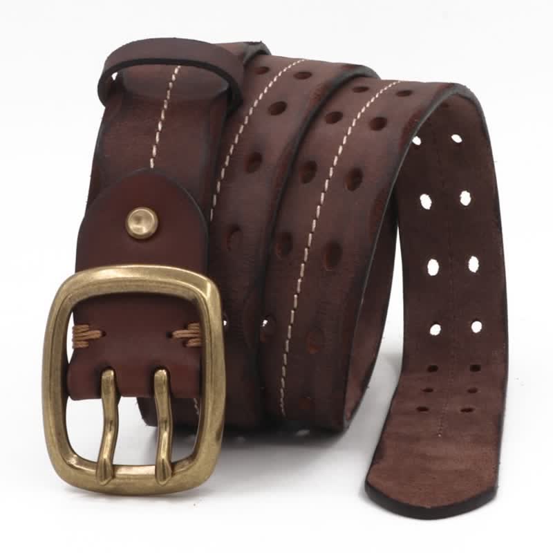 Men's Double Holes Brass Buckle Leather Belt - Image 13