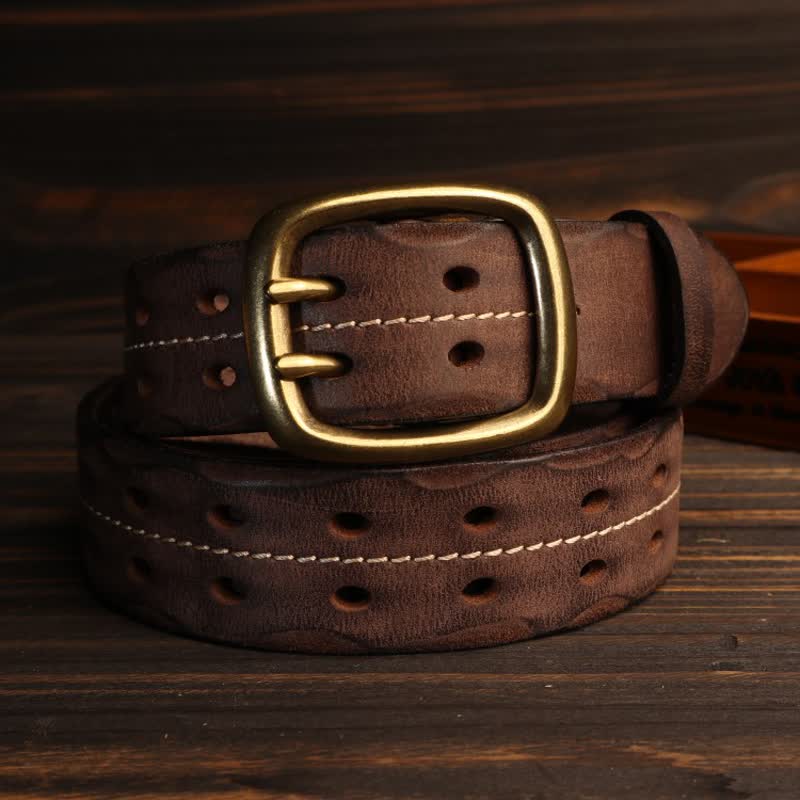 Men's Double Holes Brass Buckle Leather Belt - Image 14