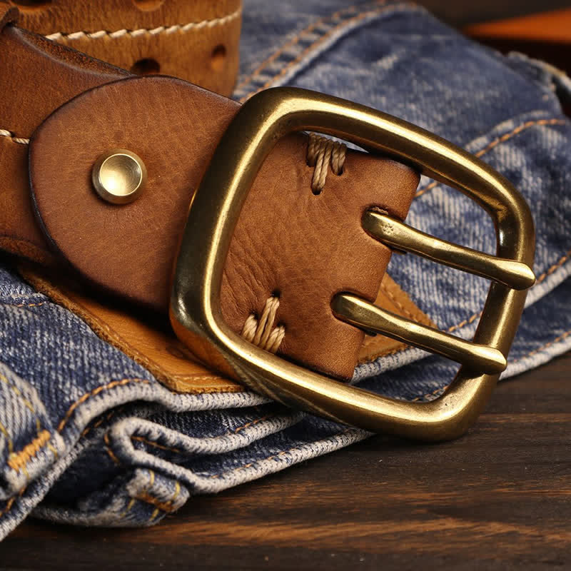 Men's Double Holes Brass Buckle Leather Belt - Image 6