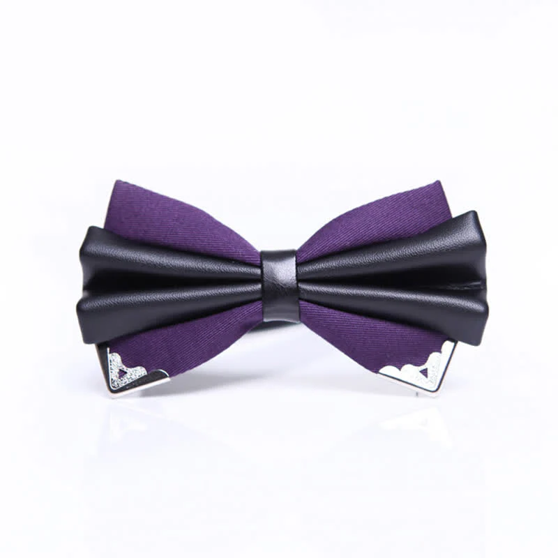 Men's Double Layer Faux Leather Golden Tipped Bow Tie - Image 14