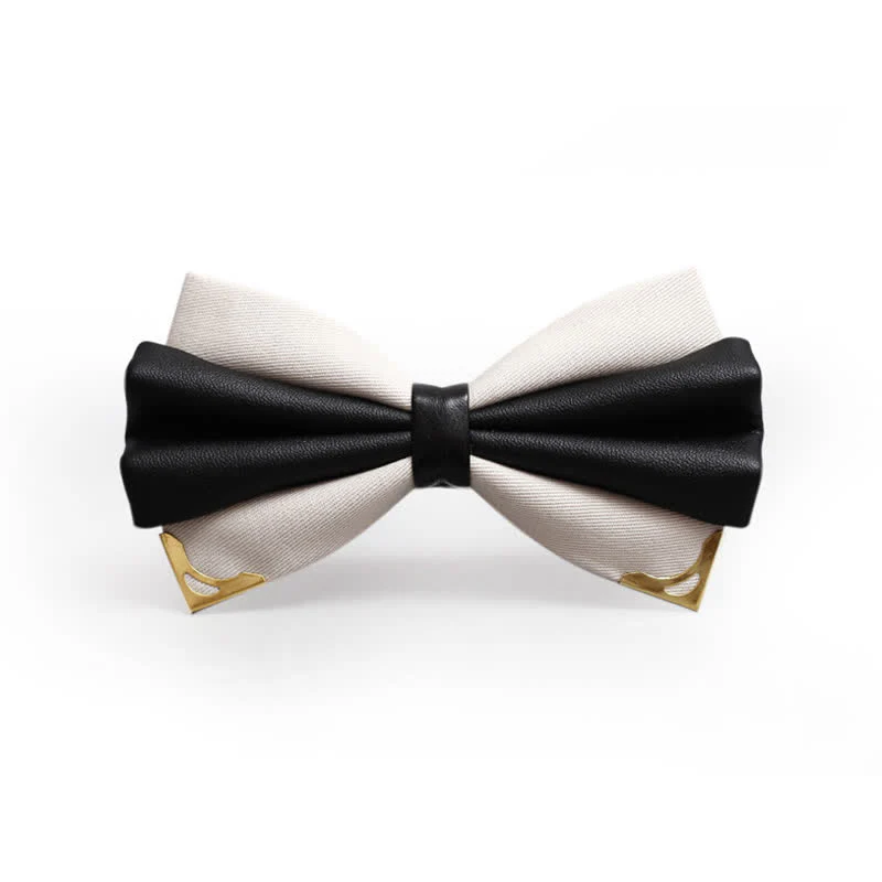 Men's Double Layer Faux Leather Golden Tipped Bow Tie - Image 17