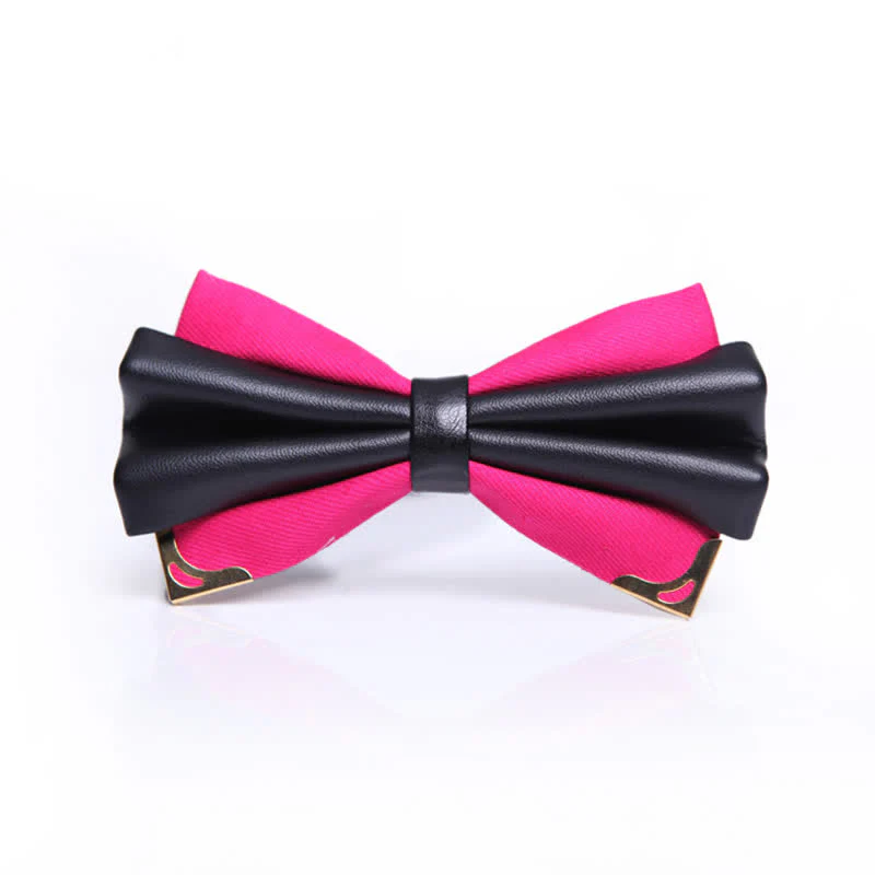 Men's Double Layer Faux Leather Golden Tipped Bow Tie - Image 19