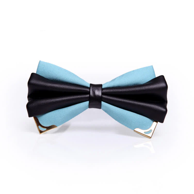 Men's Double Layer Faux Leather Golden Tipped Bow Tie - Image 20
