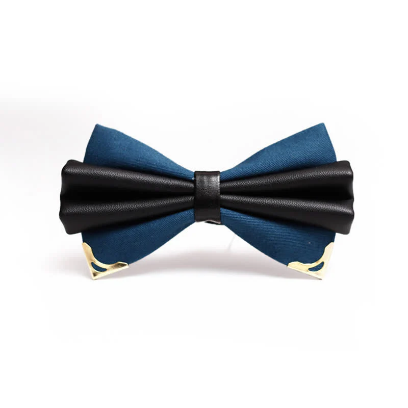 Men's Double Layer Faux Leather Golden Tipped Bow Tie - Image 5