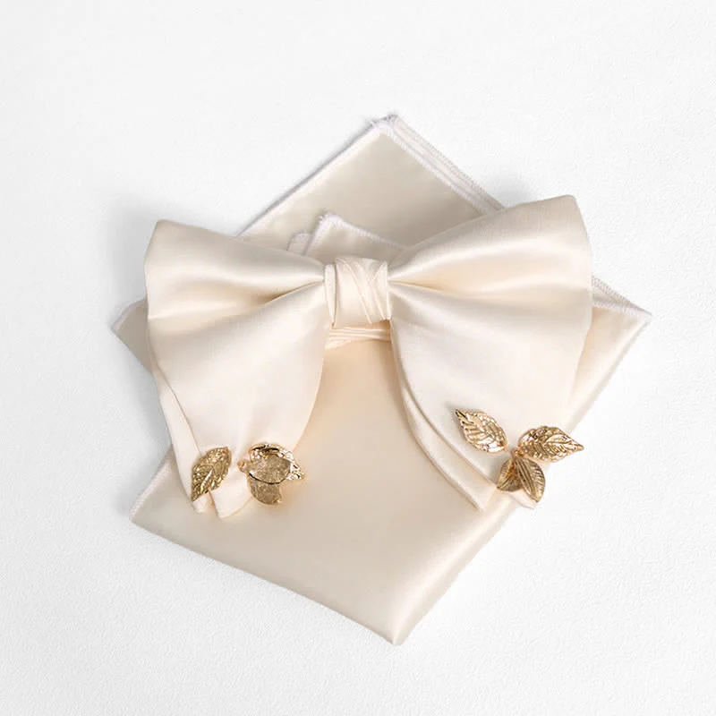Men's Double-Layers Leaves Oversized Bow Tie Pocket Square - Image 4